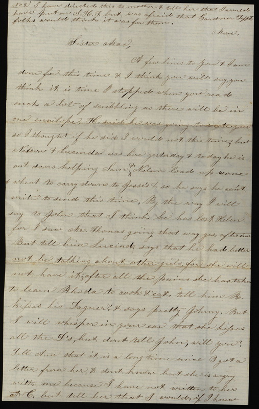 Letter from Sarah Underwood to her sister Mae Tefft in which she shares news about local romances and asks her sister to pass along messages to her friends and family in Rhode Island.