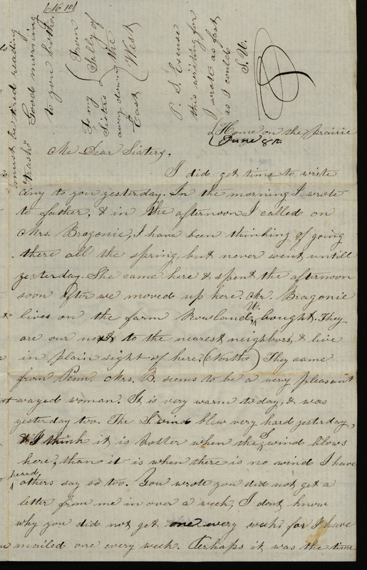 Letter from Sarah Underwood to her sisters Ann E. Tefft and Mae Tefft June 8, 1857 discussing her neighbors and describing potential suitors for her sisters. Sarah also requests fabric samples from her sisters' clothing.