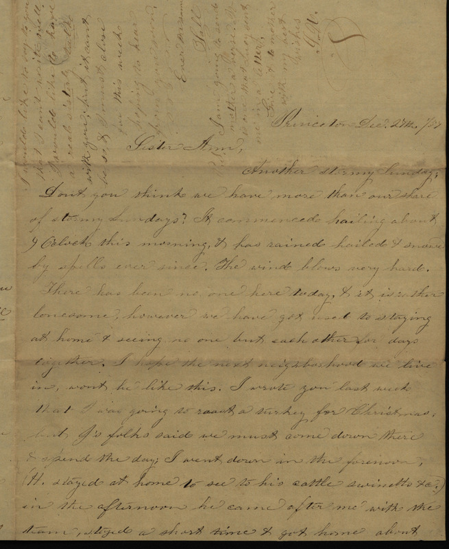Letter from Sarah Underwood to her sister Ann E. Tefft and "Sister Mercy," December 27, 1857 describing the winter weather, Christmas dinner, Sarah's sense of isolation, an attempt at matchmaking, spinning, and news of friends and family. A verse is written on the envelope.
