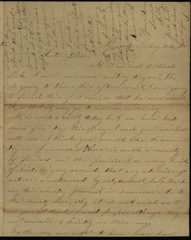 Letter from Sarah Underwood to her sister Nancy, Saturday evening February 27, 1858, describing the beauty of the prairie, potential suitors for Nancy, and requesting news of friends and family in Rhode Island.