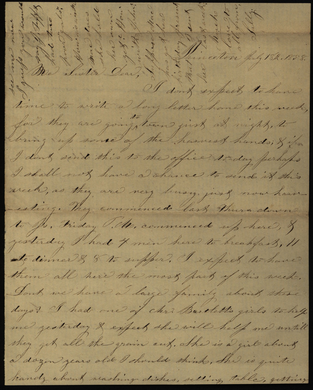 Letter from Sarah Underwood to her sister, July 18, 1858, describing the workers hired to help with the harvest, a neighbor's daughter who is helping feed the crew, and the equipment used in the reaping.