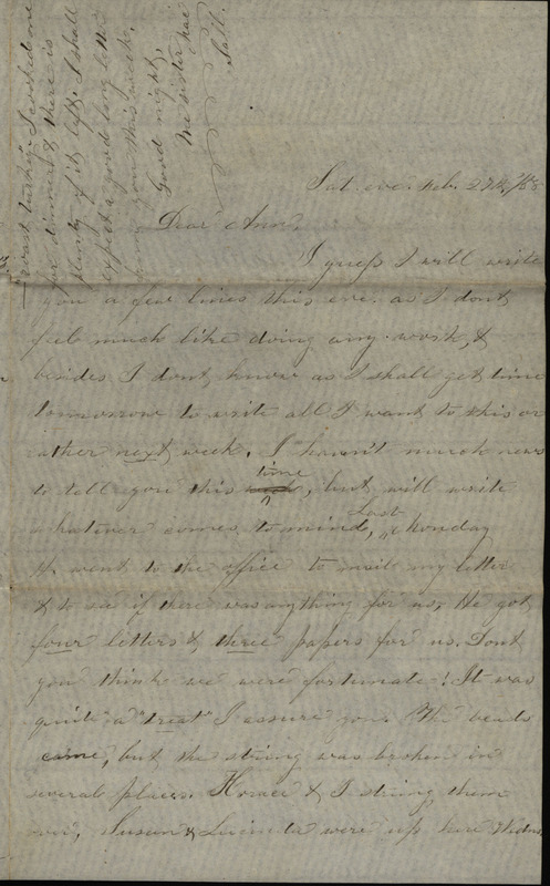 Letter from Sarah Underwood to her sister Ann E. Tefft, Saturday evening February 27, 1858, describing books she has read, and sharing how pleased her friend's daughter, Nellie, was with the gift Ann sent.