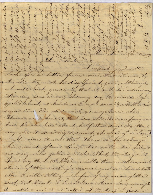 Letter from Sally to her sister Ann E. Tefft and her father John Tefft, April 27, 1859, discussing gardening, raising cattle and horses, news about acquaintances, seed exchanges, and a request for samples of fabric from the family's new clothing and draperies.