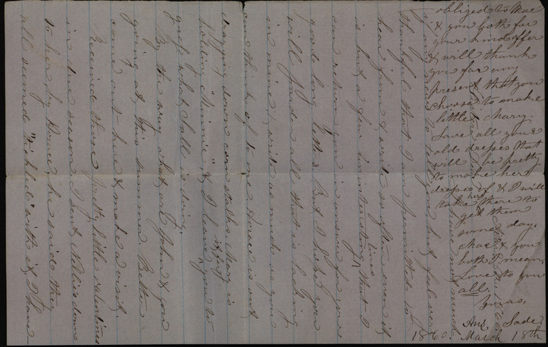 Letter from Sarah Underwood to her sister Ann E. Tefft, March 18, 1860, expressing her wish for a visit from her family, and discussing her daughter's dresses and a gift of beaded jewelry.
