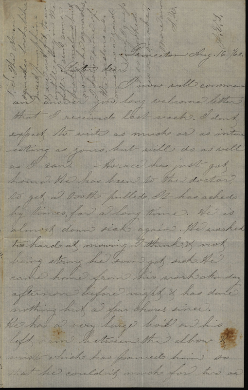 Letter from Sarah Underwood to Ann E. Tefft and John Tefft, August 16, 1860 describing the illnesses of her family and household and sharing that the two children who work for her have been fighting.