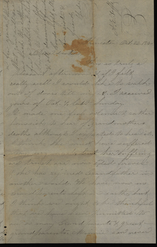 Letter from Sarah Underwood to Ann E. Tefft, October 23, 1860 describing her thoughts on her grandmother's death.