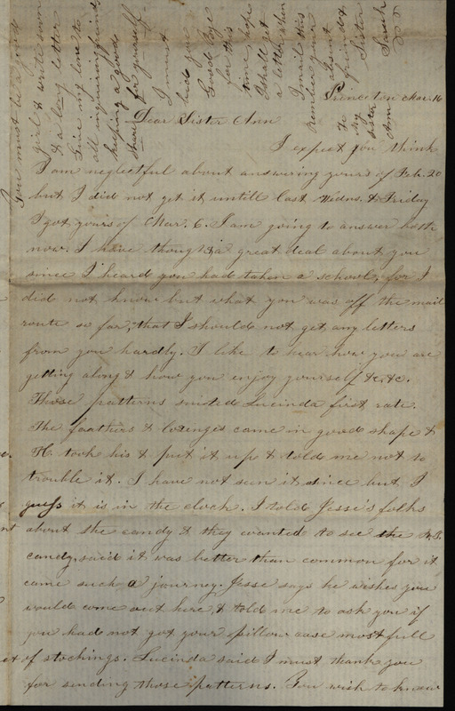 Letter from Sarah Underwood to Ann E. Tefft thanking her for a gift of sewing patterns and candy, and describing the Iowa landscape, Sarah's loneliness, and the local population of prairie chickens.