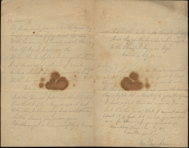 Letter from "Ma Frank" to Sarah Underwood in which she transcribes the verses to "Song of Rosy-Lee, or the Prairie Flower" and "Old Dan Tucker."