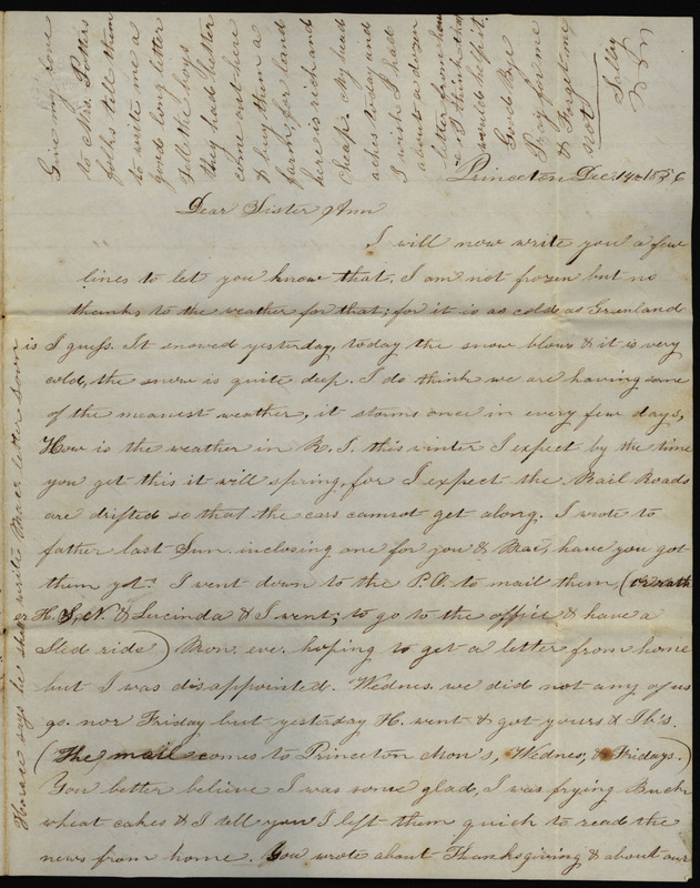 Letter from Sarah Underwood to Ann E. Tefft, December 14, 1856 describing the winter weather, Thanksgiving, eating local fowl, knitting, news of local romances, and letter writing.