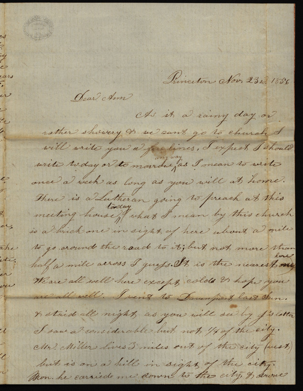 Letter from Sarah Underwood to Ann E. Tefft, November 23, 1856, describing a visit to Davenport, progress in setting up her home, the death of a friend, news of her neighbors, nuts that grow in the area, and the election of James Buchanan.