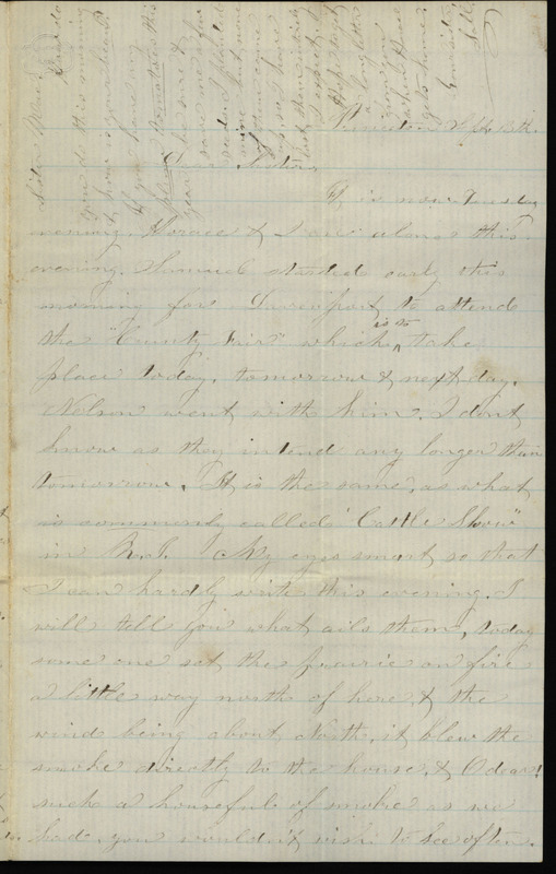 Letter from Sarah Underwood to Ann E. Tefft and John Tefft describing smoke from a prairie fire, threshing, illness, and the decreasing number of marriages in the vicinity.
