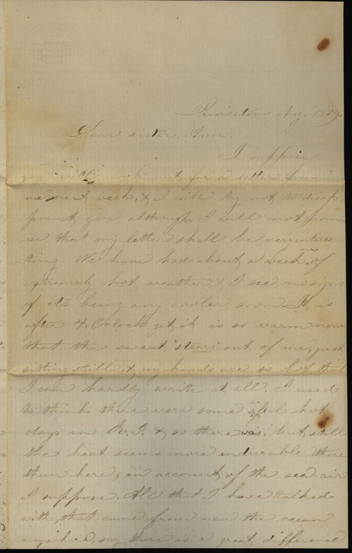 Letter from Sarah Underwood to Ann E. Teff describing the hot weather, having a neighbor help with housework, her collection of daguerreotypes; missing the ocean, and what plants grow in Iowa.
