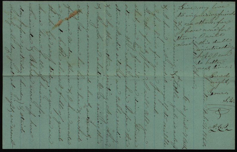 Letter from Sarah Underwood to Ann E. Tefft describing how her household is spending the evening and asking for gossip from Rhode Island.