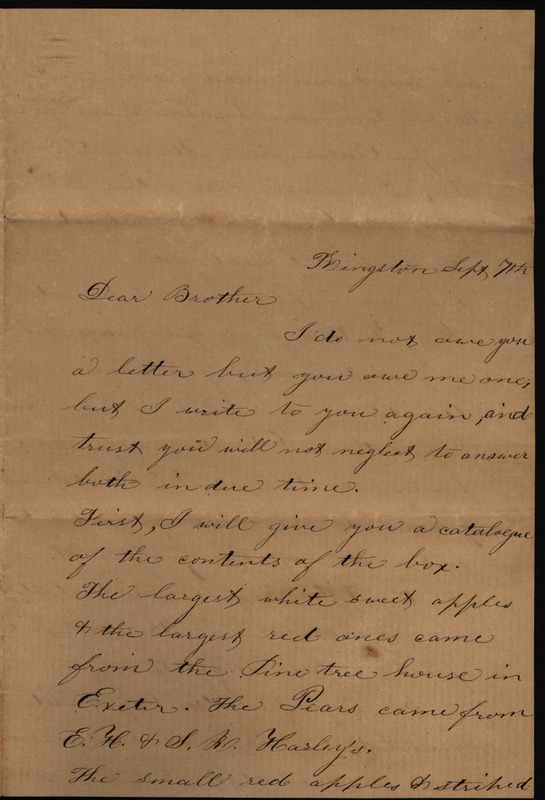Letters from Sarah Underwood to Johnny and Ann E. Tefft, September 7, 1856 describing the contents of a box of fruit, tobacco, and bread sent to her brother, a remembrance gift for her sister, and her preparations to move to Iowa.