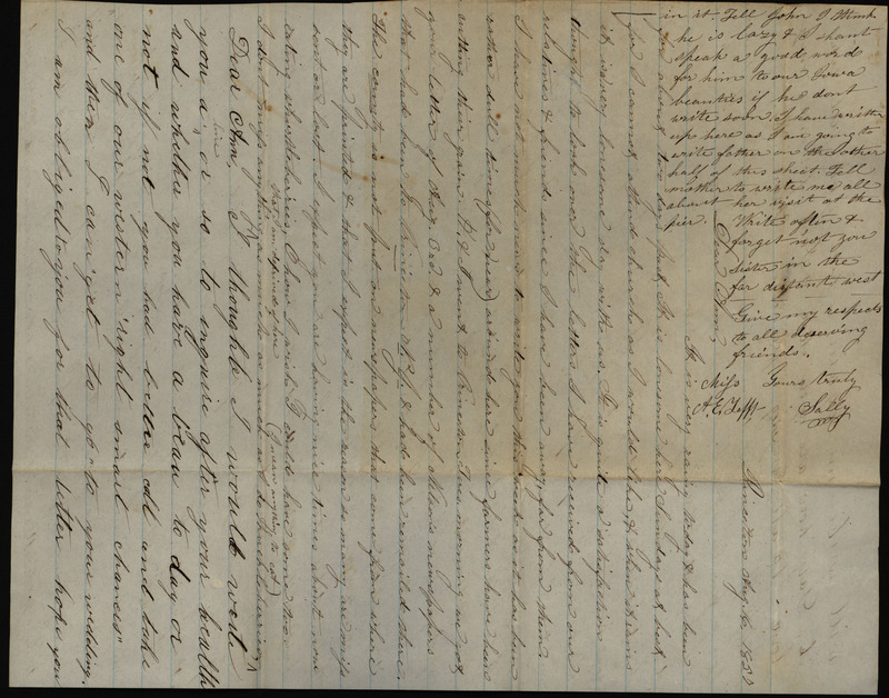 Letters from Sarah Underwood to Ann E. Tefft, August 16, 1857 and August 18, 1857 describing the pumpkin pies she has baked, how the weather has damaged the wheat crop, and encouraging her family to visit.