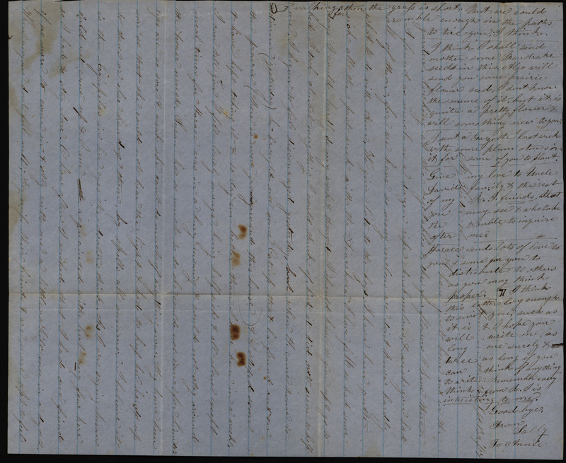 Letter from Sarah Underwood to Ann E. Tefft, September 13, 1857 describing the use of catnip to treat her own illness, her daughter's erysipelas, the prairie plant seeds she is sending east, and expressing how she misses her family.