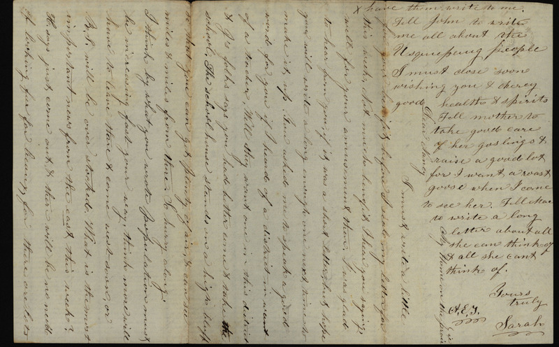 Letter from Sarah Underwood to Nancy Till encouraging Nancy to move to Iowa to teach school, commenting on the possibility of suitors for Nancy, and describing a may apple that she has enclosed.