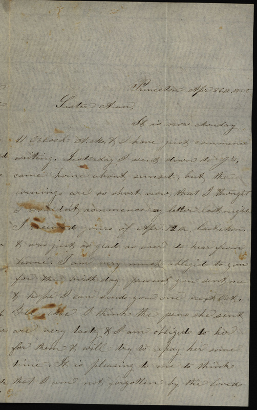 Letter from Sarah Underwood to Ann E. Tefft, April 26, 1858, thanking her family for birthday gifts, expressing her loneliness, describing the local wild birds and prairie grass, and sharing news of a nearby revival and baptisms in the Wapsipinicon River.