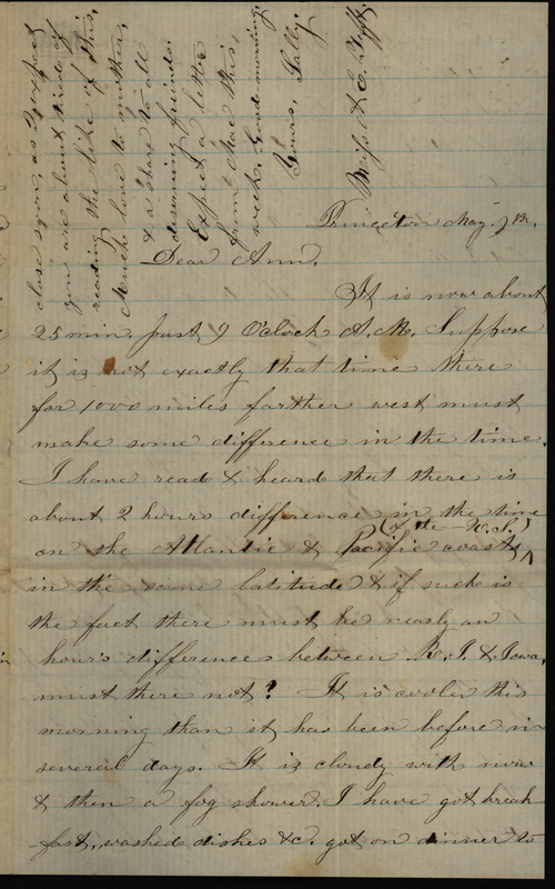 Letter from Sarah Underwood to Ann E. Tefft, May 9 in which she muses about the time difference between Rhode Island and Iowa, recounts her cooking and gardening activities, describes the local wildflowers and the seeds she is exchanging with her family, and asks for news about the courtship of her friends in Rhode Island.
