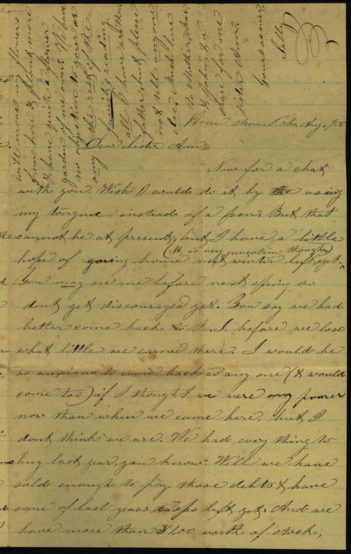 Letter from Sarah Underwood to Ann E. Tefft, August 1858 describing her finances, the workers hired to help with the harvest, how she misses lobsters and saltwater fish, and asking after the seeds she sent.