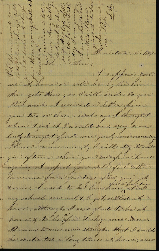 Letter from Sarah Underwood to Ann E. Tefft, November 1, 1858 regarding loneliness, aging, milling buckwheat, and sewing.
