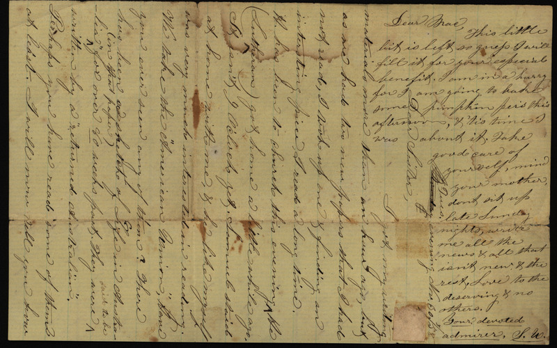 Letters from Sarah Underwood to Ann E. Tefft, Mae Tefft and John Tefft November 30, 1858 and December 1858 describing their Thanksgiving celebration, financial difficulty that prevents travel, snow, the potential for flooding, Lutheran church meetings, sleighing, dreaming, and letters from family.