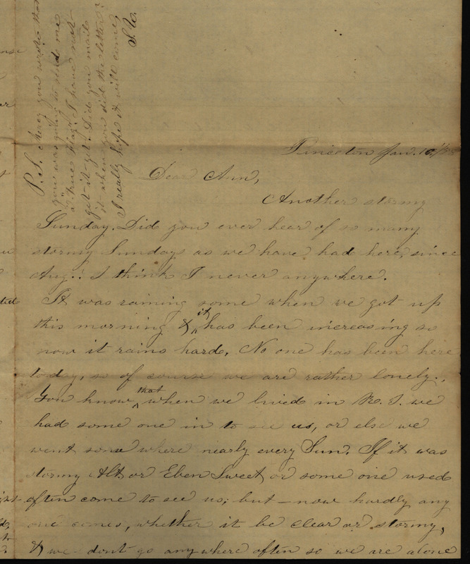 Letter from Sarah Underwood to Ann E. Tefft and Mae Tefft, January 10, 1858 describing her isolation, her wish to attend church meetings, her dissatisfaction with the irreligiousness of people in Iowa, and requests for more letters from her family.