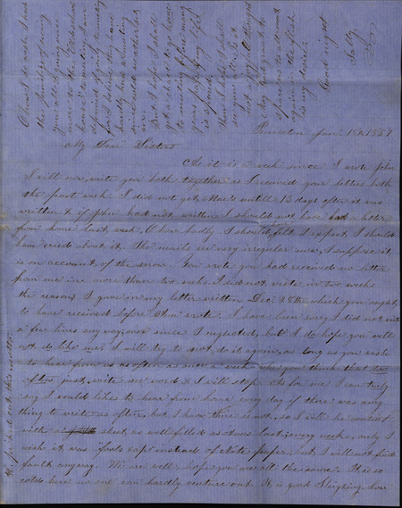 Letter from Sarah Underwood to her sisters Ann E. Tefft and Mae Tefft, January 18, 1857. The letter includes descriptions of where she is now living including transportation on the Mississippi, sleighing, various items she is sending such as plants and a curtain sample, a local barn raising, and conversations with her neighbor Jesse about courting her sisters.