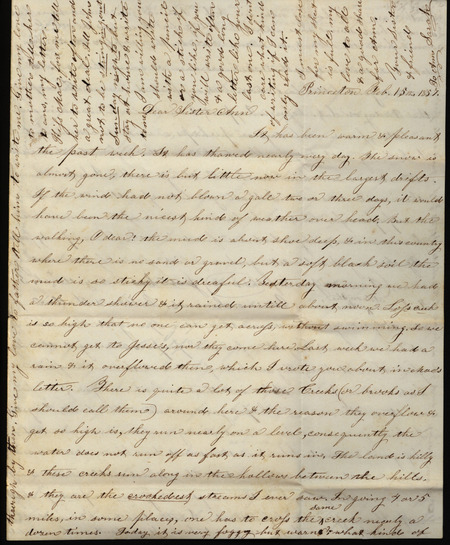 Letter from Sarah Underwood to her sister Ann E. Tefft, February 15, 1857 describing flooding and stormy weather, how the local windmill is constructed, and criticisms of the local schools. She also recounts trying corn meal and requests more letters from her family.