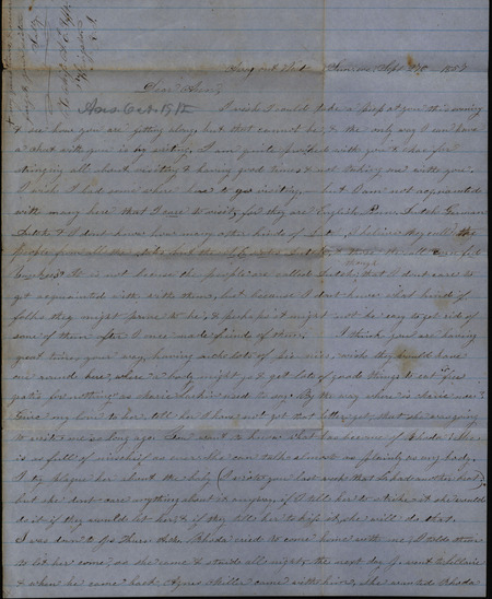 Letter from Sarah Underwood to her sister Ann E. Tefft, September 27, 1857 describing her reluctance to get to know her neighbors, her lack of familiarity with the English and Pennsylvania Dutch, news about a friend with a new baby, local plants, and requesting more letters from her family.