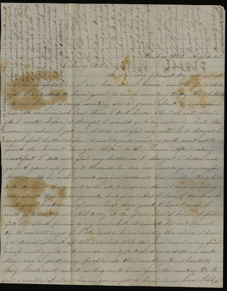 Letter from Sarah Underwood to Nancy Till, August 30, 1857 describing a Methodist camp meeting, treatment for an illness, and medicinal plants that she has planted.