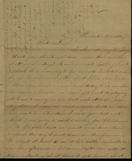 Letter from Sarah Underwood to her sister Ann E. Tefft and "Sister Mercy," December 27, 1857 describing the winter weather, Christmas dinner, Sarah's sense of isolation, an attempt at matchmaking, spinning, and news of friends and family. A verse is written on the envelope.
