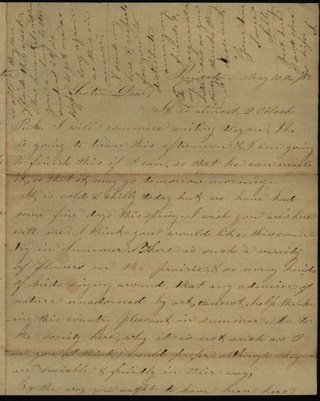 Letter from Sarah Underwood to her sister Nancy, Saturday evening February 27, 1858, describing the beauty of the prairie, potential suitors for Nancy, and requesting news of friends and family in Rhode Island.