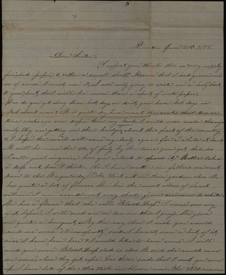 Letter from Sarah Underwood to Nancy Till and Mae Tefft, June 21, 1858 describing a neighbor's flower garden and and requesting news of friends and family.