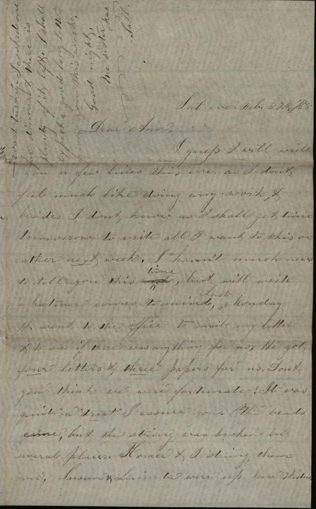Letter from Sarah Underwood to her sister Ann E. Tefft, Saturday evening February 27, 1858, describing books she has read, and sharing how pleased her friend's daughter, Nellie, was with the gift Ann sent.