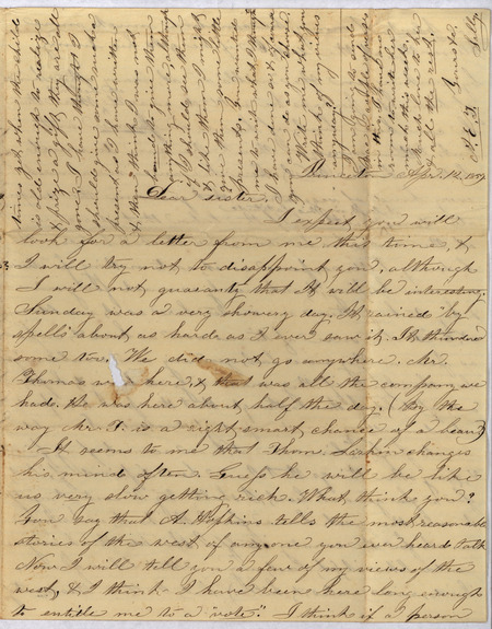 Letter from Sally to her sister Ann E. Tefft and her father John Tefft, April 27, 1859, discussing gardening, raising cattle and horses, news about acquaintances, seed exchanges, and a request for samples of fabric from the family's new clothing and draperies.