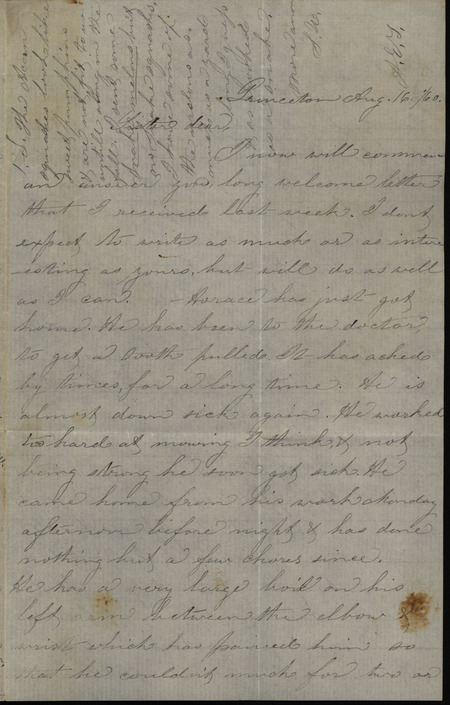 Letter from Sarah Underwood to Ann E. Tefft and John Tefft, August 16, 1860 describing the illnesses of her family and household and sharing that the two children who work for her have been fighting.