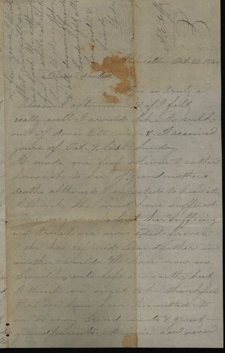 Letter from Sarah Underwood to Ann E. Tefft, October 23, 1860 describing her thoughts on her grandmother's death.