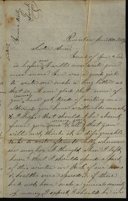 Letter from Sarah Underwood to Ann E. Tefft, sharing news of friends and family and her fear of not seeing her family again after leaving Rhode Island.