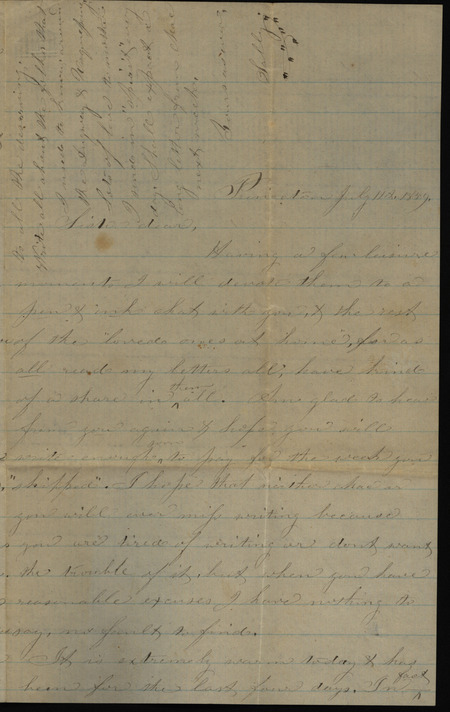 Letter from Sarah Underwood to Ann E. Tefft, July 11, 1859 regarding the hot weather, berry picking, dislike of her neighbors, a bee colony, and her flower garden.