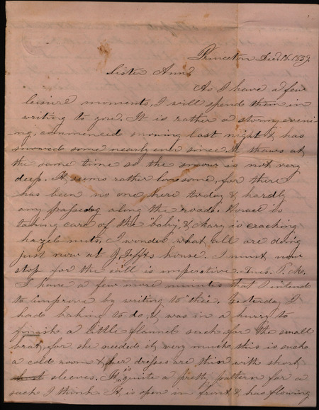 Letters from Sarah Underwood to Ann E. Tefft and John Tefft, describing a flannel sack she is sewing for the baby, asking after news of friends and acquaintances, and describing the process of open cattle grazing after the harvest ends. She also describes the wolves in the area, and how she misses attending religious meetings in Rhode Island. The letters are accompanied by an explanatory note from an unknown author.
