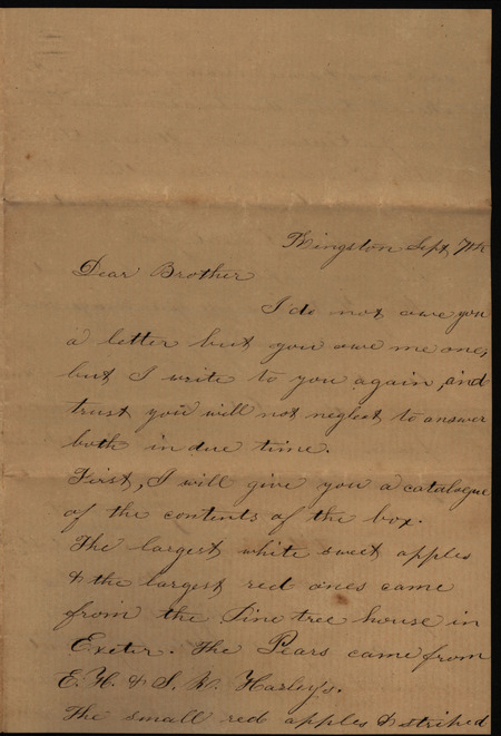 Letters from Sarah Underwood to Johnny and Ann E. Tefft, September 7, 1856 describing the contents of a box of fruit, tobacco, and bread sent to her brother, a remembrance gift for her sister, and her preparations to move to Iowa.