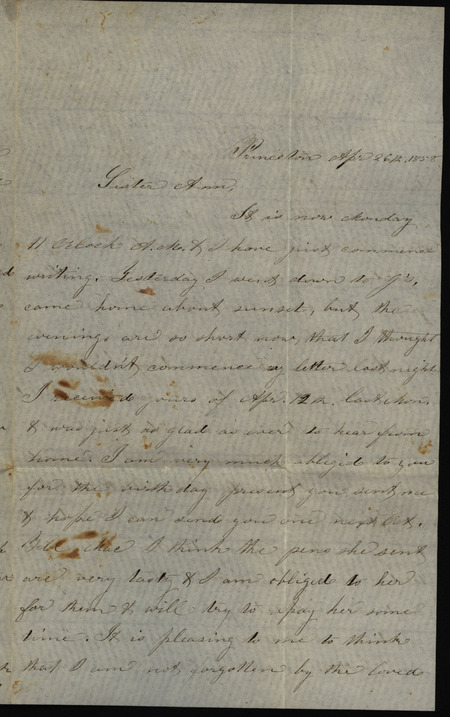 Letter from Sarah Underwood to Ann E. Tefft, April 26, 1858, thanking her family for birthday gifts, expressing her loneliness, describing the local wild birds and prairie grass, and sharing news of a nearby revival and baptisms in the Wapsipinicon River.