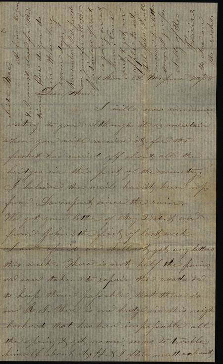 Letter from Sarah Underwood to Ann E. Tefft and Mae Tefft, June 7, 1858 describing flower picking on the prairie, raising prairie chickens, the rainy weather's effect on the unmaintained roads and the need to replant the corn.