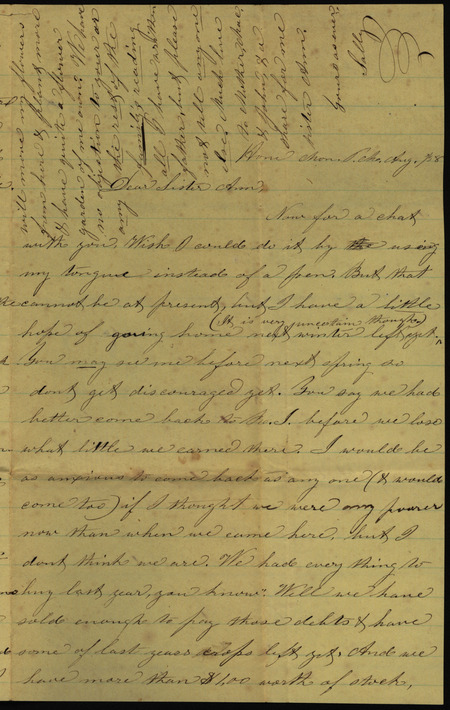 Letter from Sarah Underwood to Ann E. Tefft, August 1858 describing her finances, the workers hired to help with the harvest, how she misses lobsters and saltwater fish, and asking after the seeds she sent.