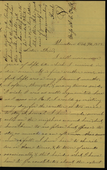 Letter from Sarah Underwood to Ann E. Tefft, October 4, 1858 describing the excessive flies, the search for some escaped calves, and her desire to see more of her neighbors.