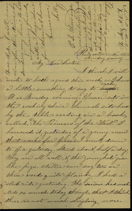 Letter from Sarah Underwood to Ann E. Tefft and Mae Tefft, November 22, 1858 expressing her thanks for a collar and sample dress sleeve that was sent, and asking after news of friends and family.