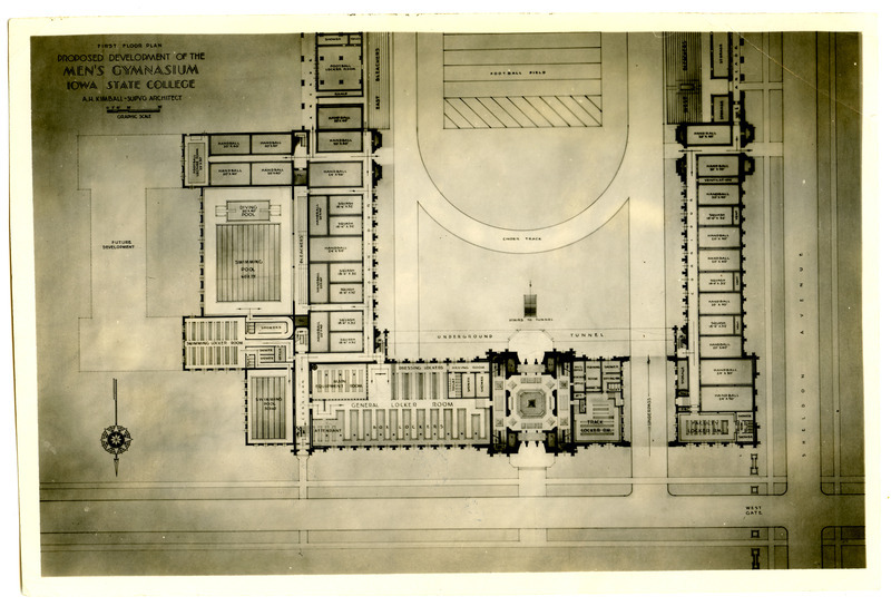 A.H. Kimball's drawing of the first floor of the State Gymnasium shows plans for the swimming pools, hand ball and squash courts, and locker rooms. The layout of the football field, cinder track, and underground tunnel are also shown. Dr. Kimball was a professor in the Architectural Engineering & Landscape Architecture Dept. and served as the supervising architect for the State Gymnasium project.