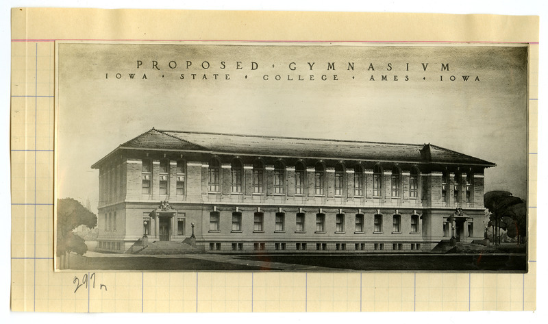 The front elevation of the proposed gymnasium for Iowa State College is shown in this drawing. It was also labelled on the back "Short course pictures-- Perry G. Holden, 1908-09.".