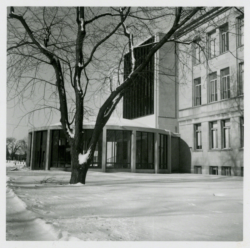 View of Iowa State University Library (now Parks Library) from the south, December 1961. The photograph focuses around what was called the rotunda.